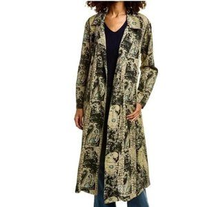 Free People Printed Maxi Duster Women's Oversize Medium Pockets Black/Tan New‎
